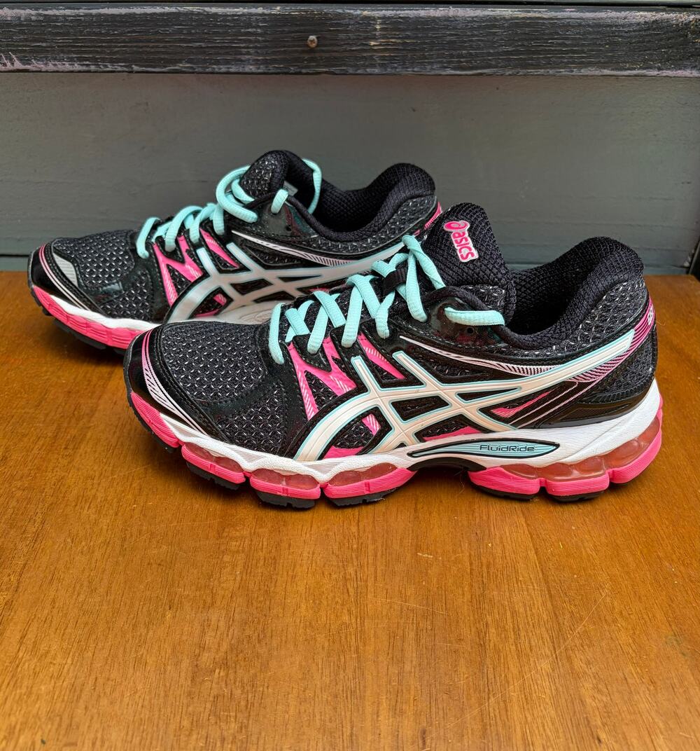 ASICS GEL Nimbus 15 Womens Running Shoes US 7.5 Black Pink Aqua FluidRide T4A7N